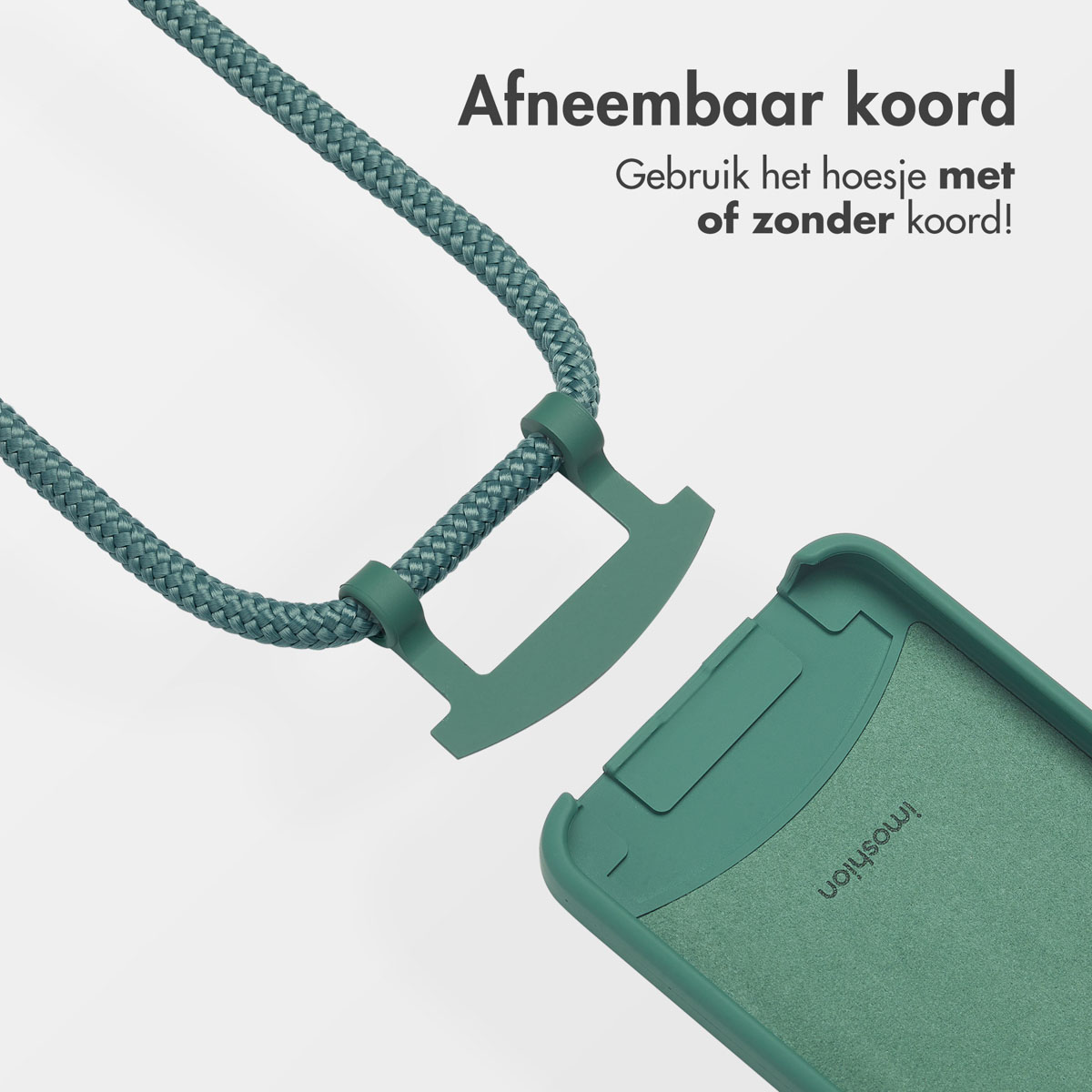 Groen telefoonhoesje met een afneembaar koord, waardoor gebruik met of zonder koord mogelijk is.
