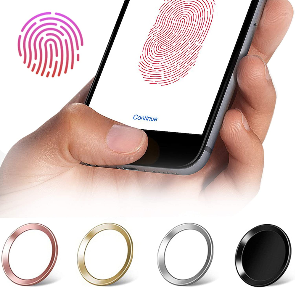 Eine Hand scannt einen Fingerabdruck auf einem Telefonbildschirm in der Nähe von bunten Fingerabdruckringaufklebern für Telefone.