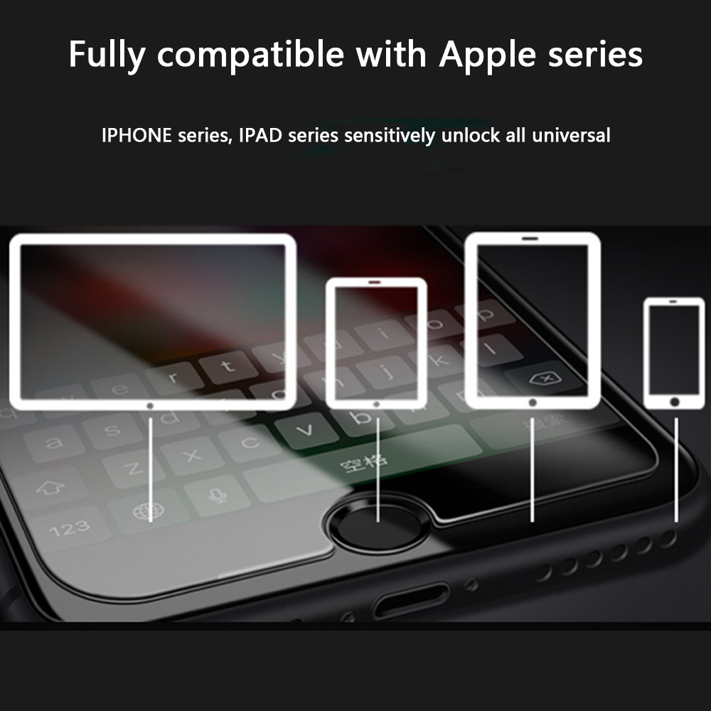 Ein schwarzer Telefonbildschirm zeigt verschiedene Geräte, die mit der Apple-Serie kompatibel sind, wobei der Fokus auf der universellen Entsperrung liegt.