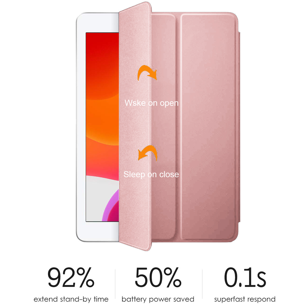 Eine rosa Tablet-Hülle wird mit Funktionen wie Aufwachen beim Öffnen, Schlafen beim Schließen und prozentualer Batteriesparung gezeigt.
