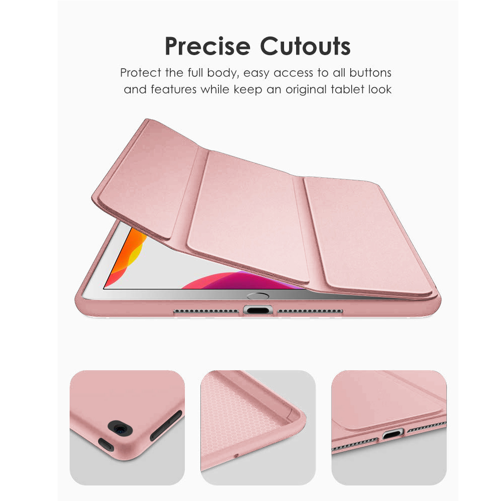 Eine rosa Tablet-Hülle wird gezeigt, wobei präzise Ausschnitte und einfacher Zugriff auf die Tasten betont werden, während das Aussehen des Tablets erhalten bleibt.