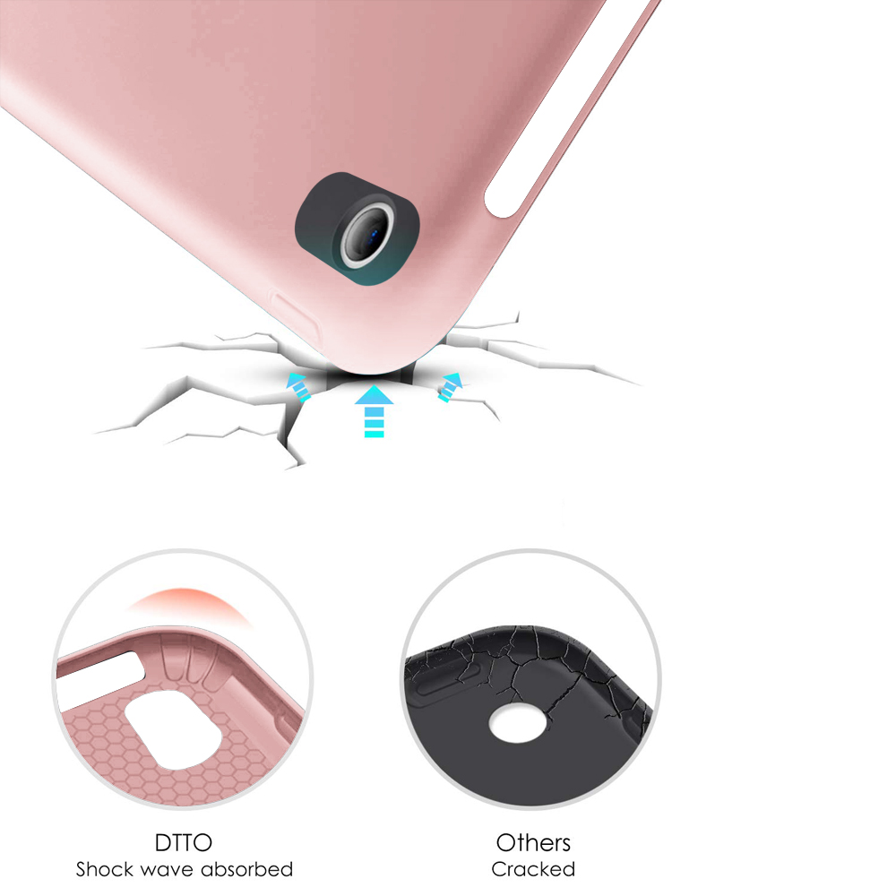 Eine rosa Tablet-Hülle wird gezeigt, die Stöße absorbiert, im Gegensatz zu einer zerbrochenen Hülle, was die Stoßdämpfung von DTTO hervorhebt.