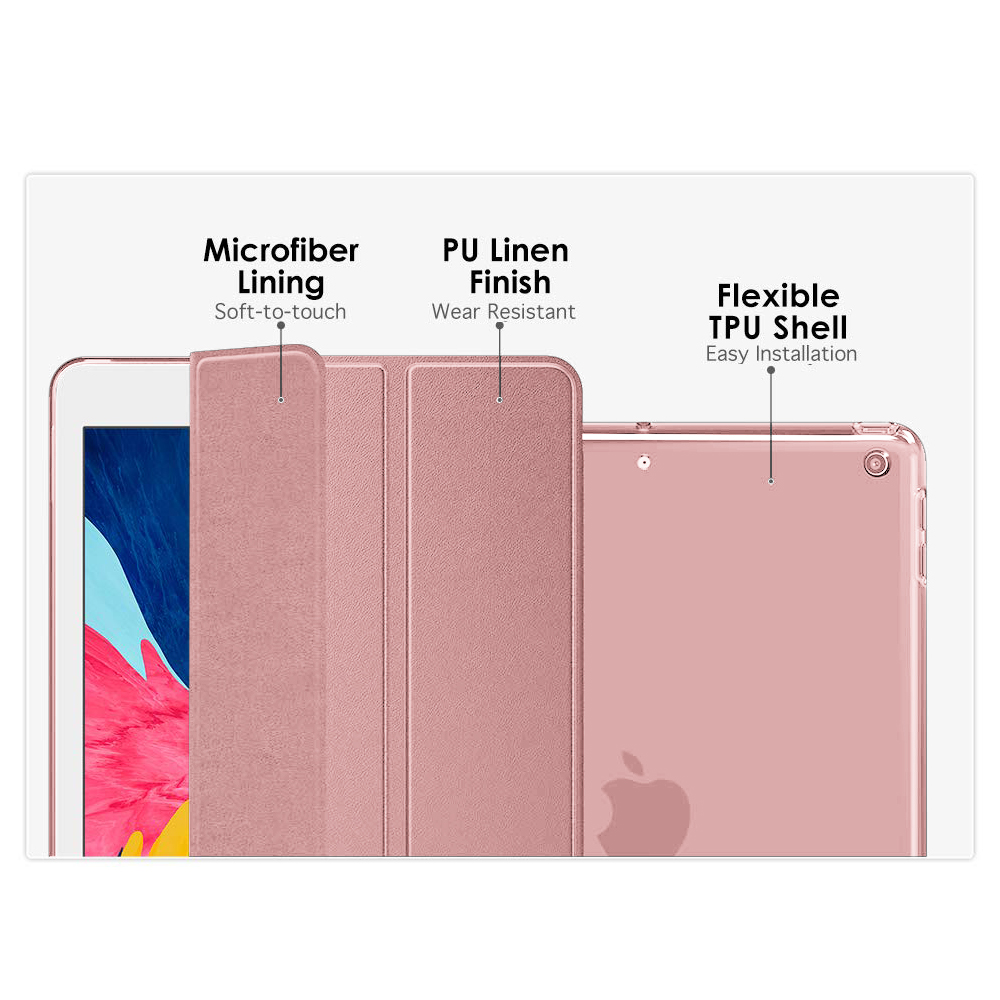 Eine rosa Tablet-Hülle wird gezeigt, wobei die Mikrofaser-Auskleidung, die PU-Leinenoberfläche und die flexible TPU-Schale hervorgehoben werden.