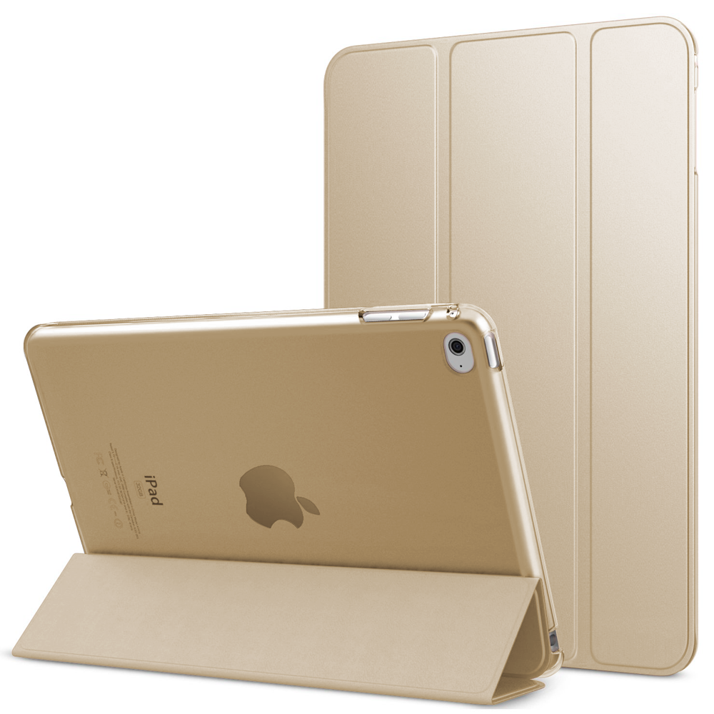 Goldenes iPad in einer passenden Hülle, aufgestellt mit der Hülle, mit einer zweiten Hülle dahinter.