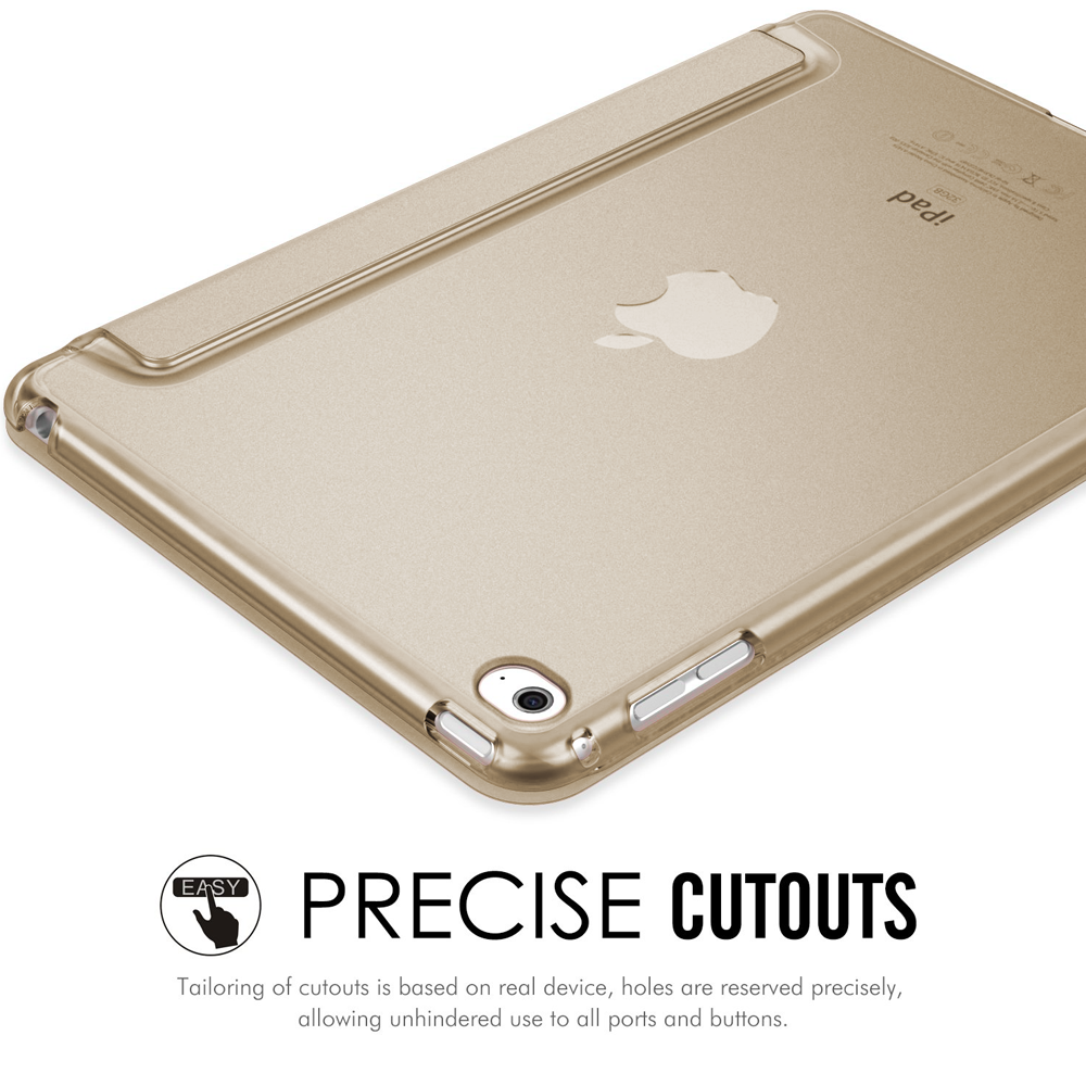 Ein rehbraunes iPad in einer transparenten Hülle zeigt präzise Aussparungen für Anschlüsse und Tasten. Das Apple-Logo ist auf der Rückseite sichtbar.