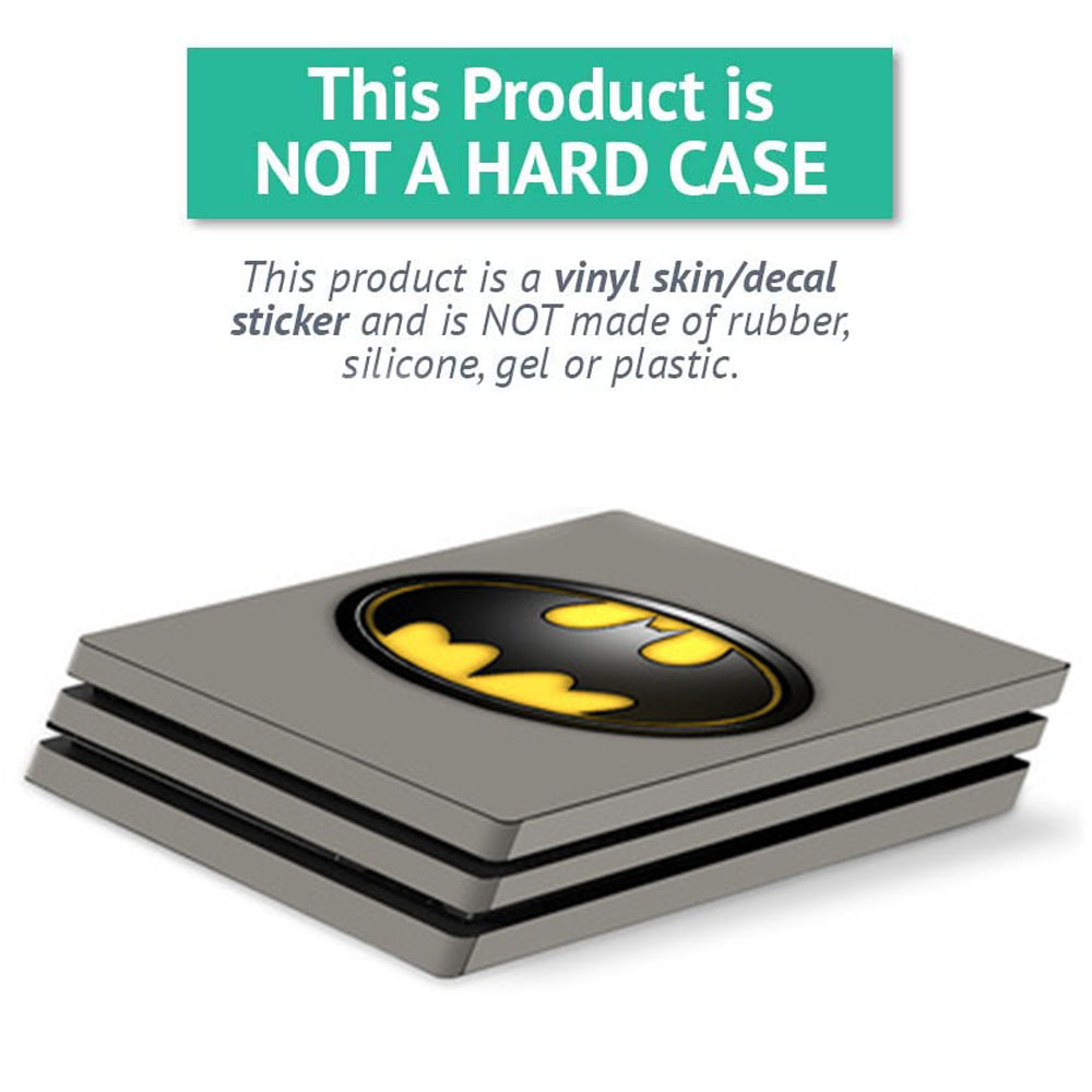 Eine graue Konsole mit einem schwarzen und gelben Batman-Logo, mit Text, der klärt, dass es sich um eine Vinylfolie handelt.