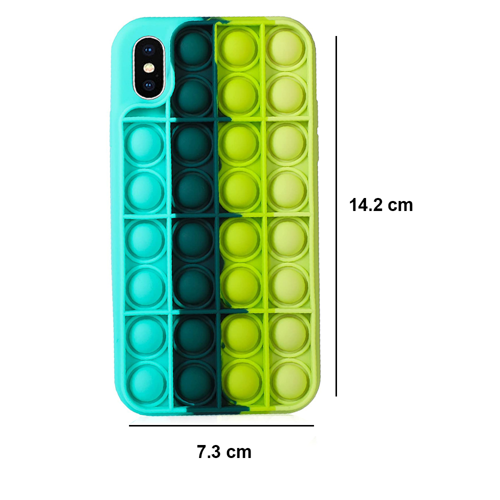 Eine türkisfarbene, dunkelgrüne und limettengrüne Bubble-Pop-Handyhülle mit Abmessungen.