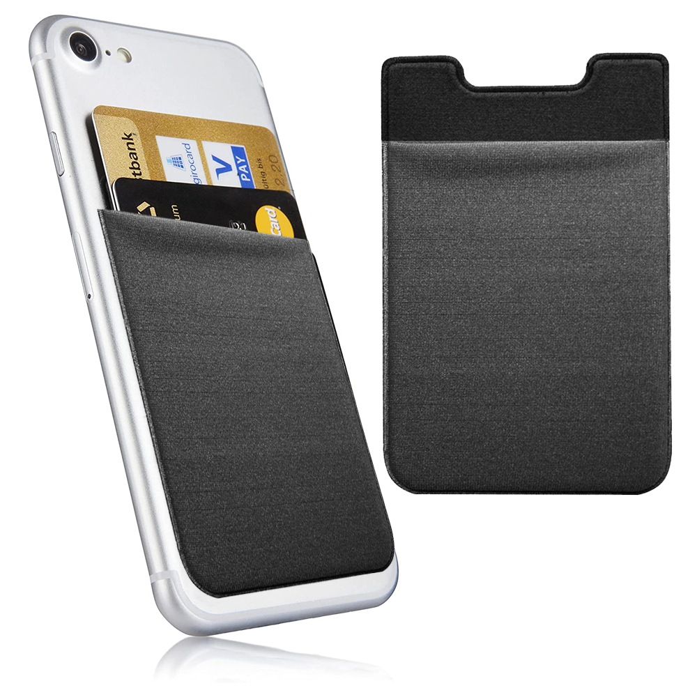 Silbernes Telefon mit schwarzem Kartenhalter. Karten sind im Telefonhalter. Separater Kartenhalter rechts.