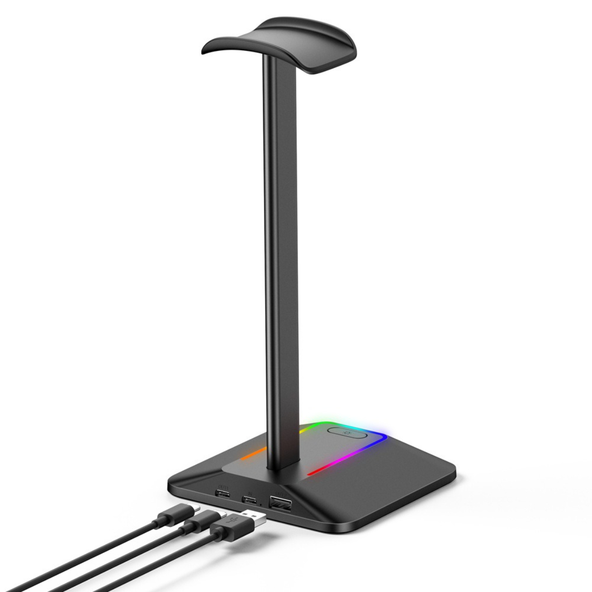 Schwarzer Kopfhörerständer mit farbigen Lichtern und USB-Anschlüssen. Minimalistisches Design für Kopfhörer.