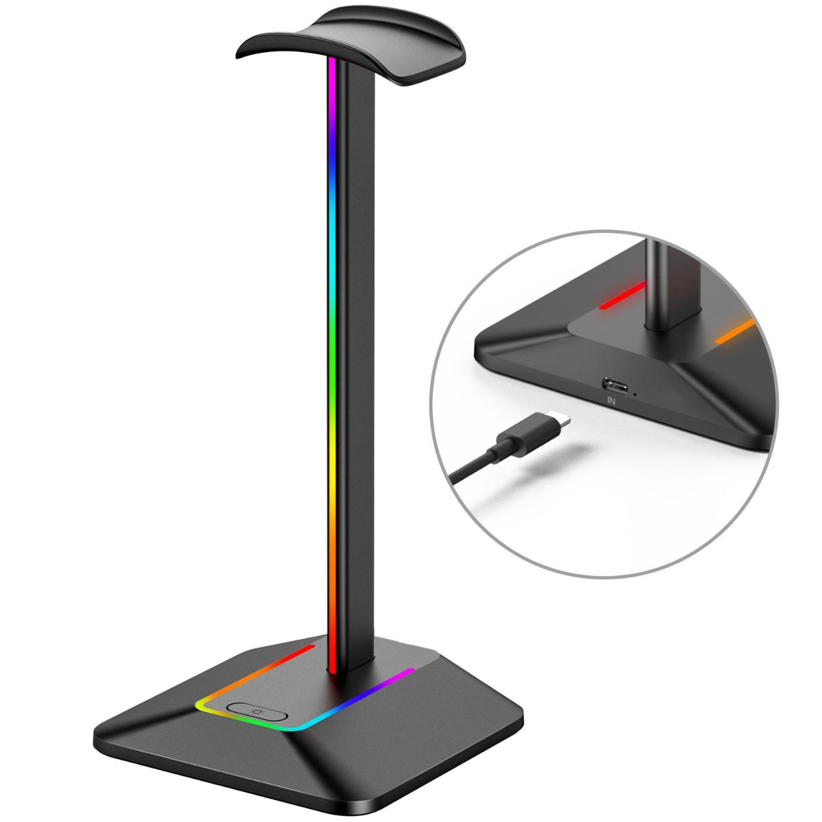 Ein Headset-Ständer mit LED-Leuchten auf weißem Hintergrund.