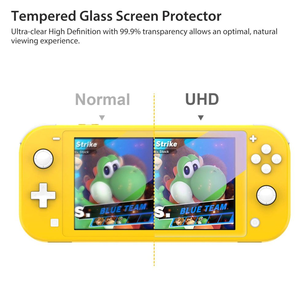 Ein gelber Nintendo Switch Lite zeigt ein Videospiel mit einem Vergleich von Normal vs. UHD.