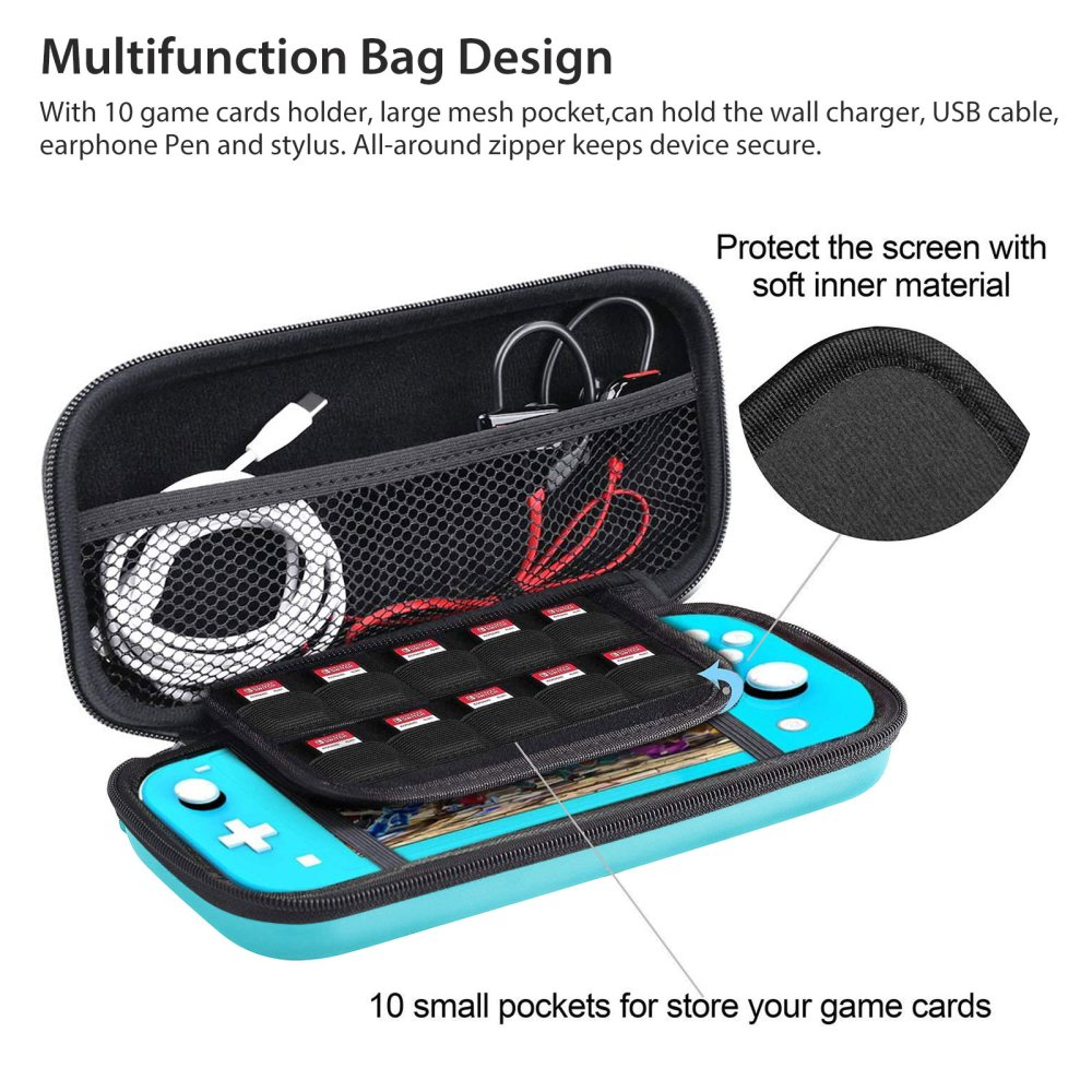 Eine türkisfarbene Nintendo Switch-Hülle enthält einen Switch, ein Ladegerät und Spielkarten mit Netztaschen.