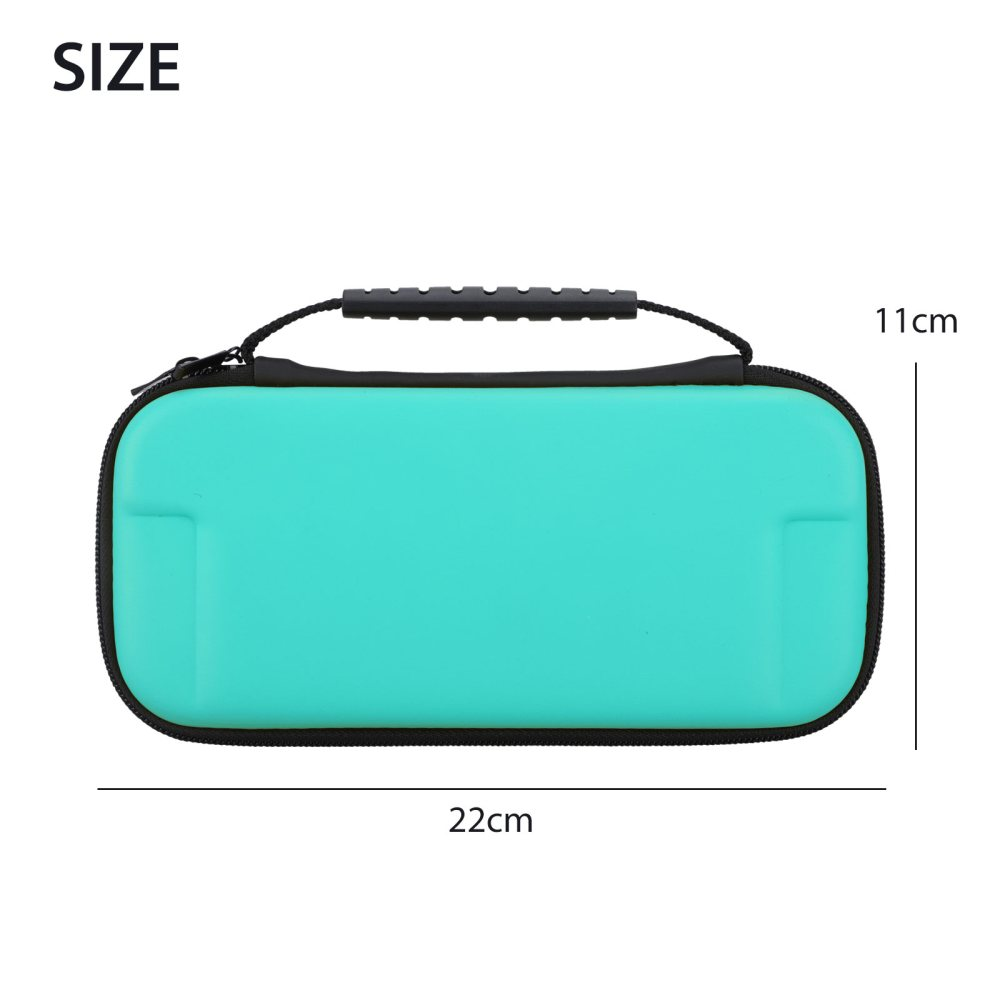 Eine türkisfarbene Nintendo Switch Lite-Hülle mit einem Griff, die ihre Abmessungen zeigt.