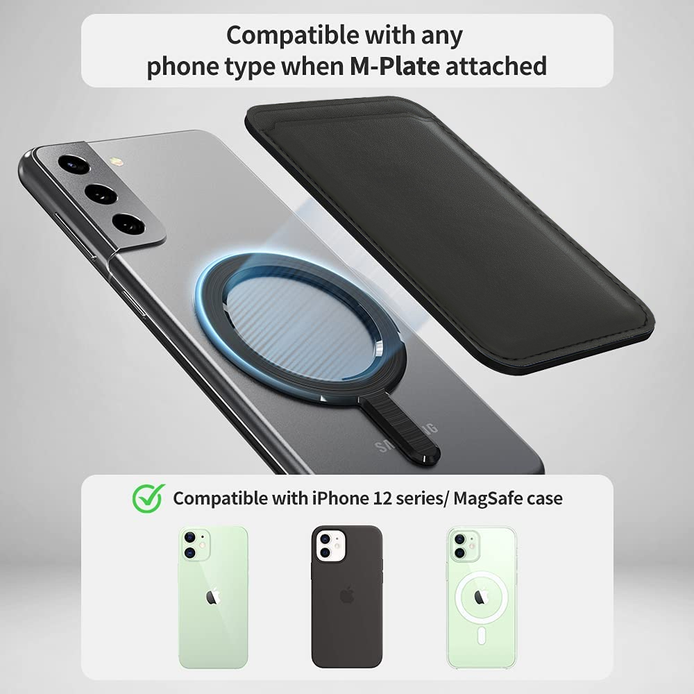 Das Bild zeigt ein Telefon mit einer Magnetplatte, einen grauen Kartenhalter und kompatible iPhones mit MagSafe.