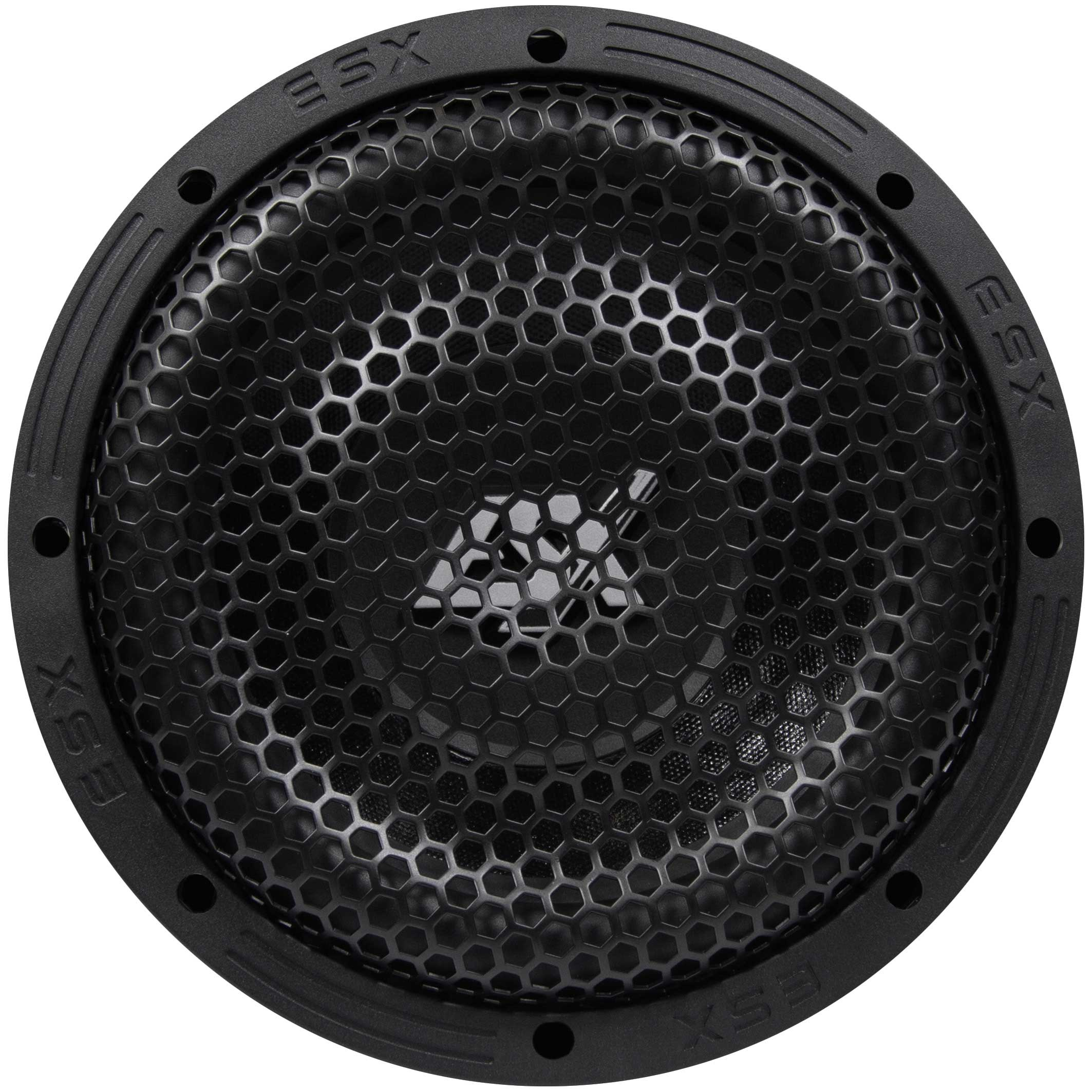 Eine Nahaufnahme, Draufsicht auf einen schwarzen Subwoofer mit einem Mesh-Grill.