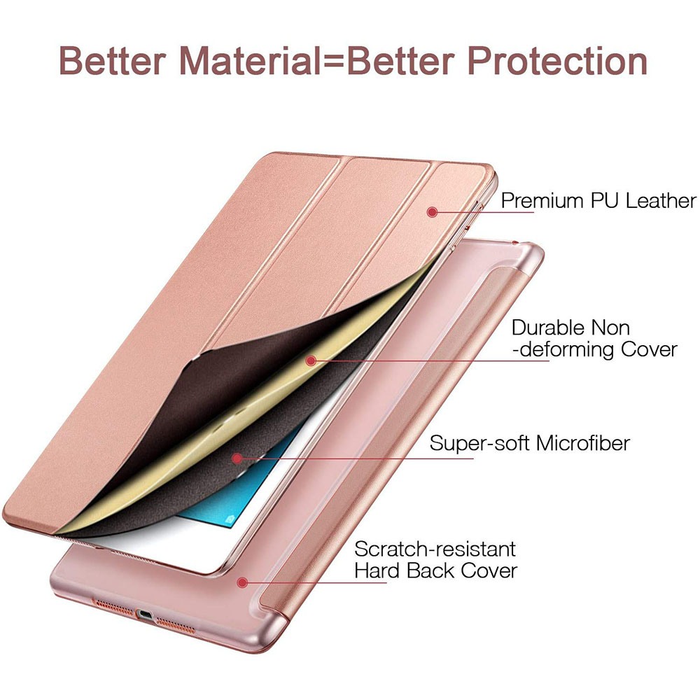 Eine roségoldene iPad-Hülle, die ihre geschichtete Konstruktion zeigt: hochwertiges PU-Leder, verformungsbeständige Hülle, Mikrofaser und harte Rückseite.