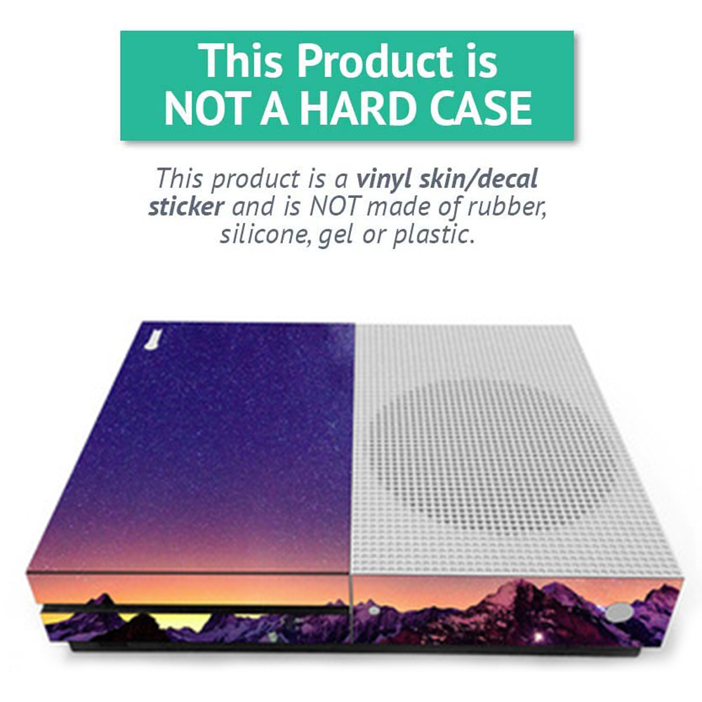 Xbox-Konsole mit Weltraum- und Gebirgsdesign. Text: Dies ist keine Hartschale.