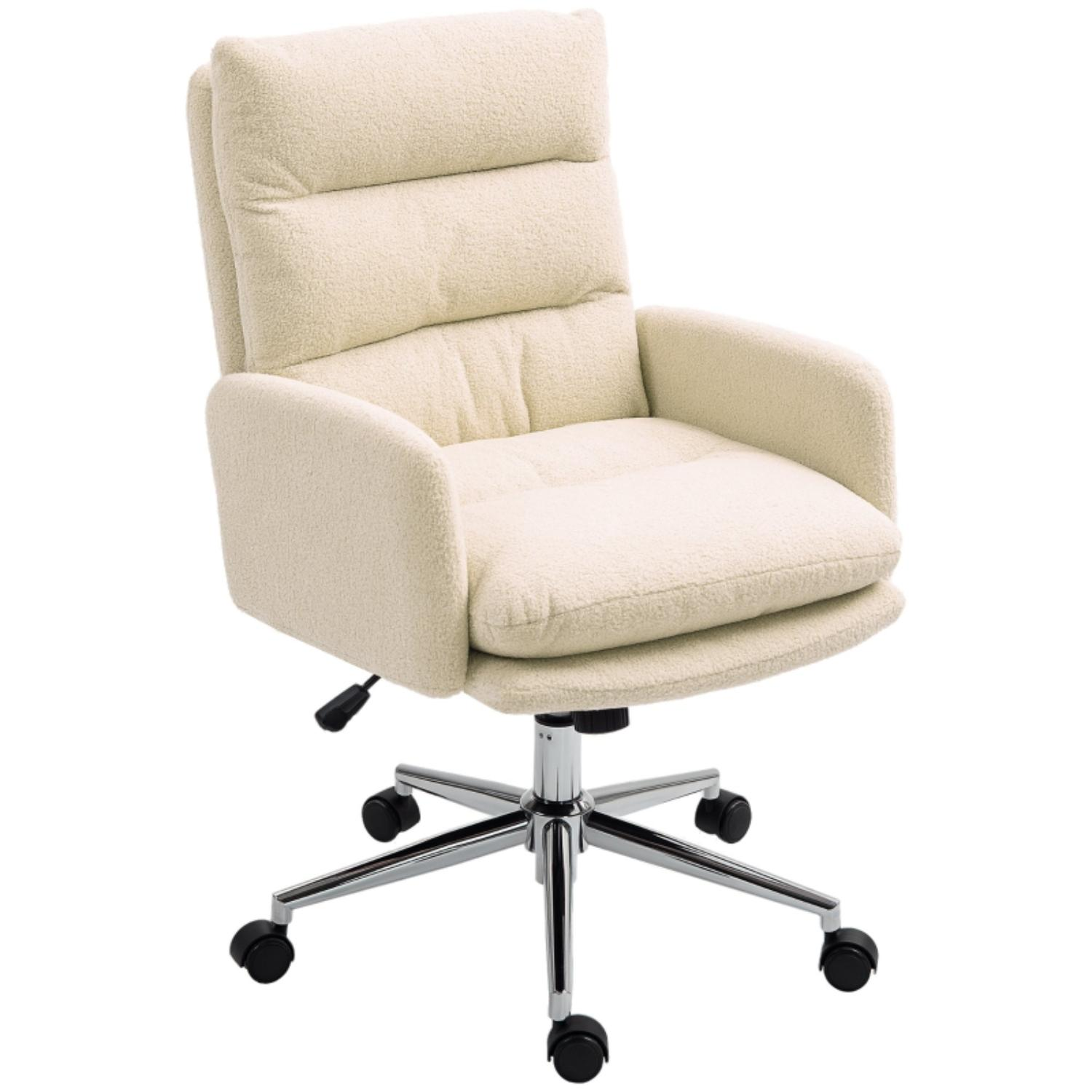 Gepolsterter Bürostuhl auf einem Chromgestell mit Rädern, mit gepolsterter Sitzfläche, Rückenlehne und Armlehnen in Creme.