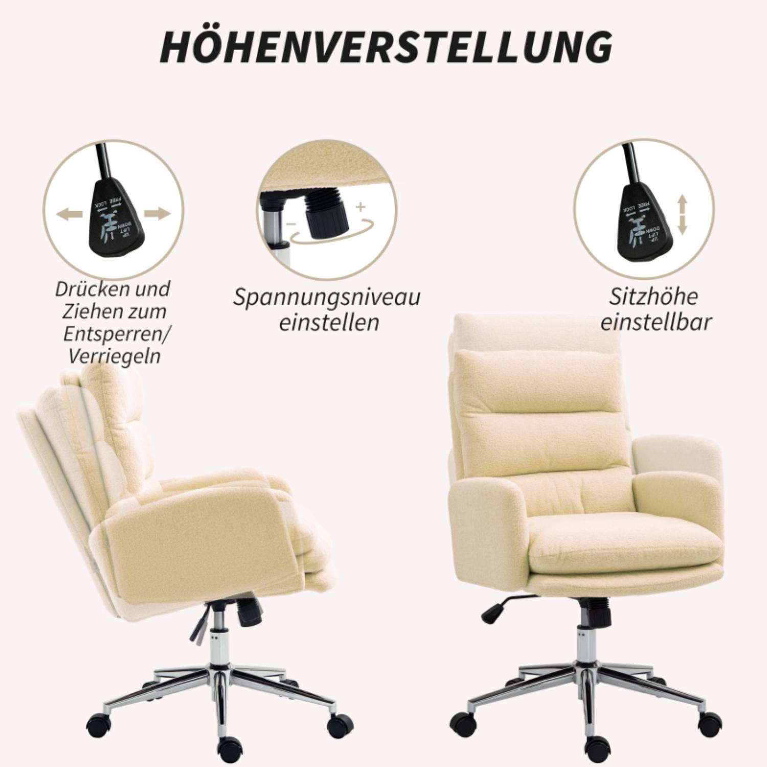 Bilder zeigen die Höhenverstellungsfunktionen eines cremefarbenen Bürostuhls mit deutschen Beschriftungen für Anweisungen.