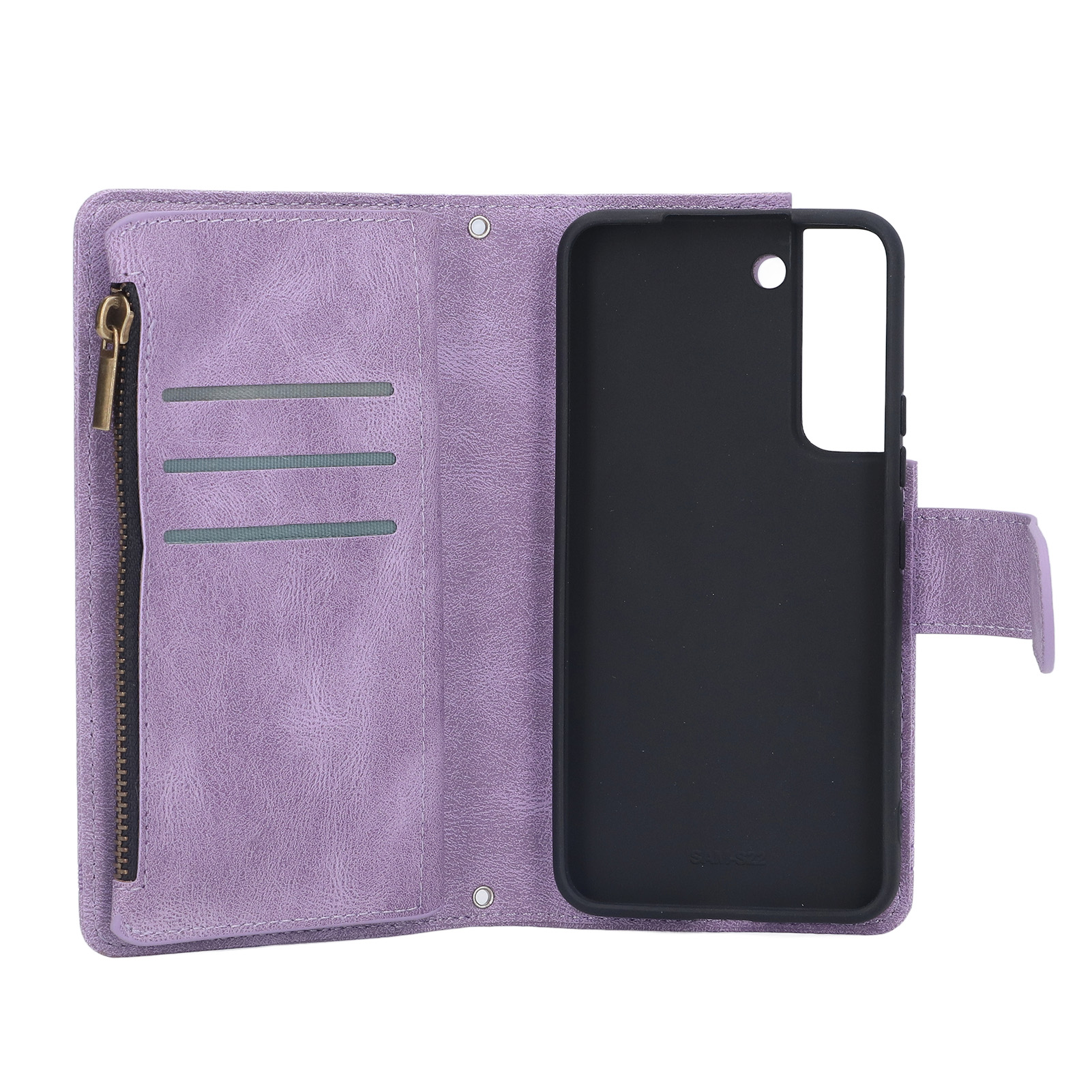 Offene, hellviolette Brieftasche mit Kartenfächern, Reißverschlussfach und schwarzem Handyhalter-Einsatz.