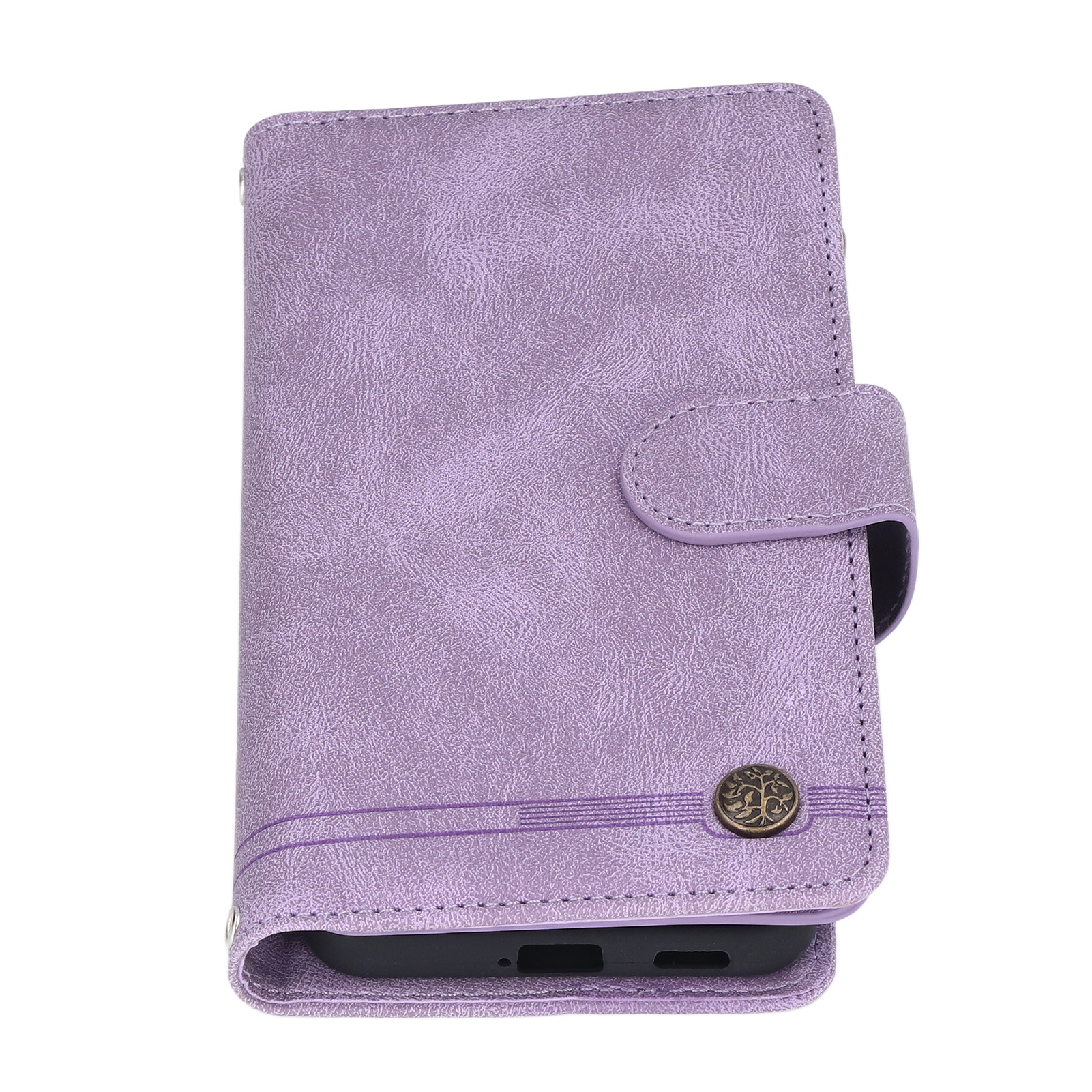 Eine lila Handytasche im Brieftaschenstil mit einem Magnetband wird auf einem weißen Hintergrund angezeigt.