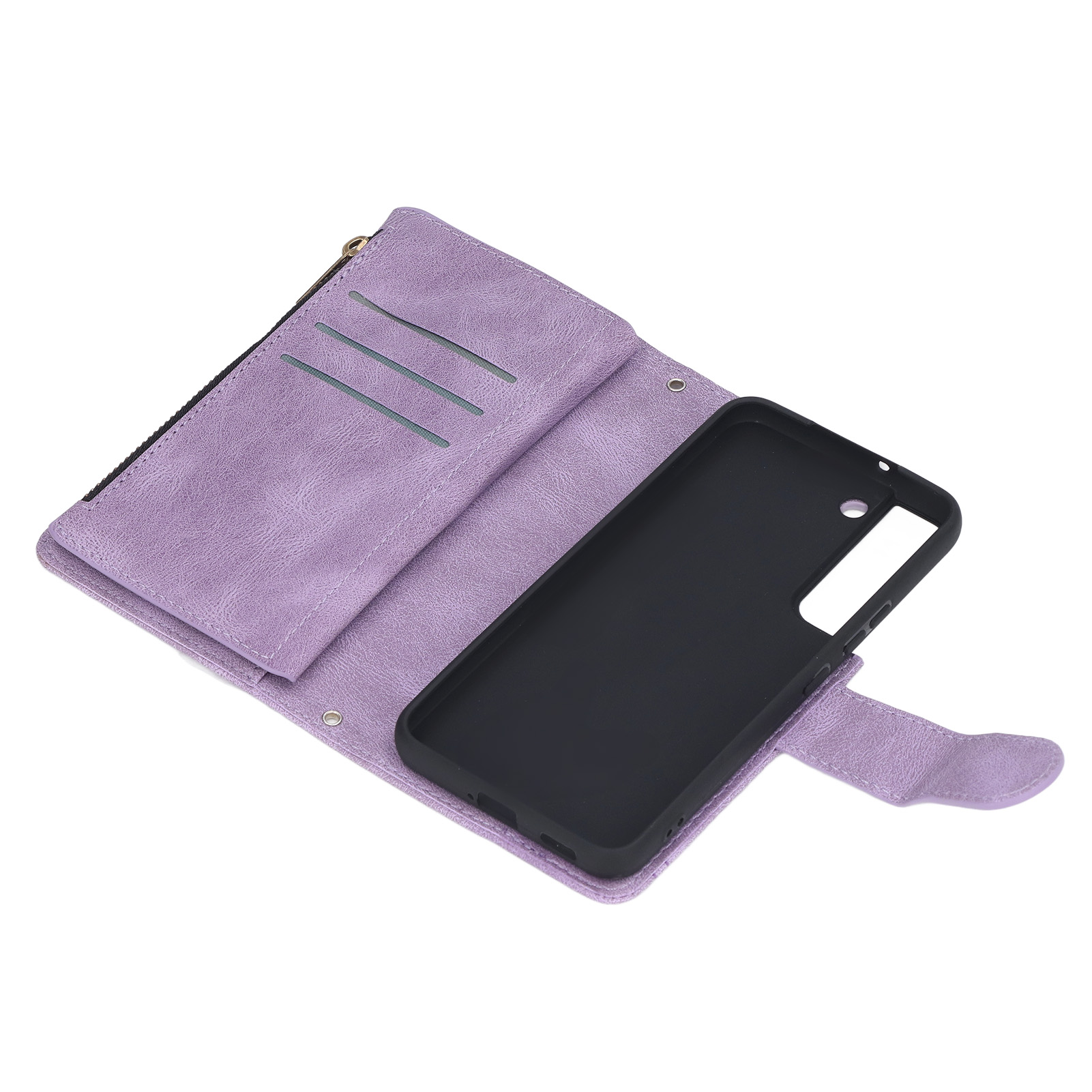 Eine geöffnete lila Handyhülle im Brieftaschenstil mit Kartenfächern und einem schwarzen Handyeinsatz auf weißem Hintergrund.