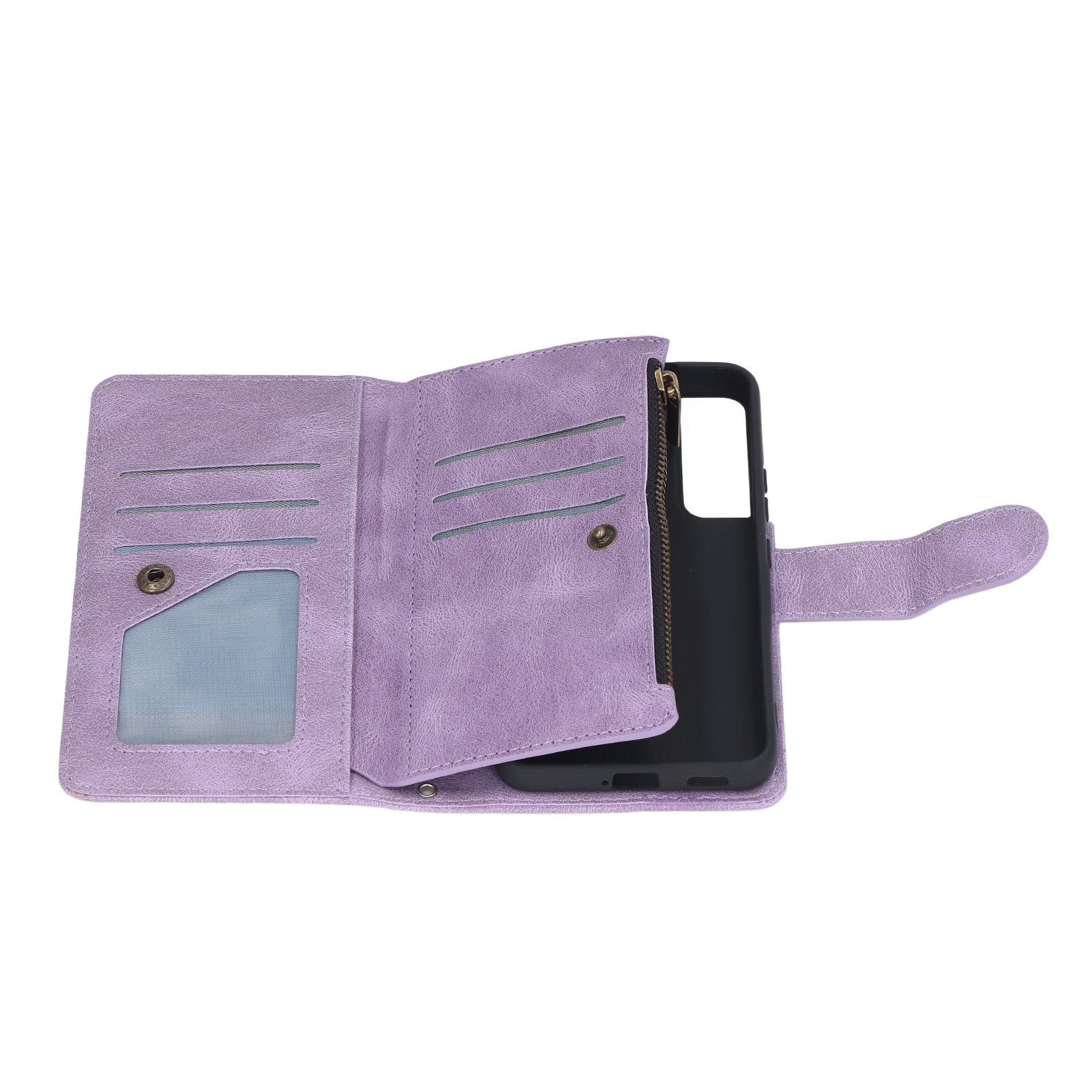 Eine lila Handyhülle im Brieftaschenstil, offen mit Kartenfächern, einer Reißverschlusstasche und einem schwarzen Handyeinsatz auf Weiß.