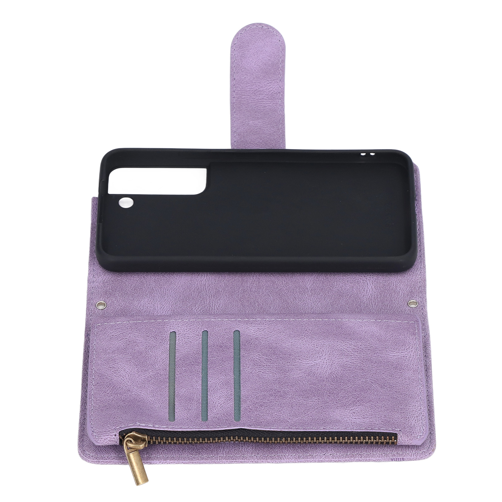 Eine lila Handyhülle im Brieftaschenstil, offen mit Kartenfächern, einer Reißverschlusstasche und einem schwarzen Handyeinsatz auf Weiß.