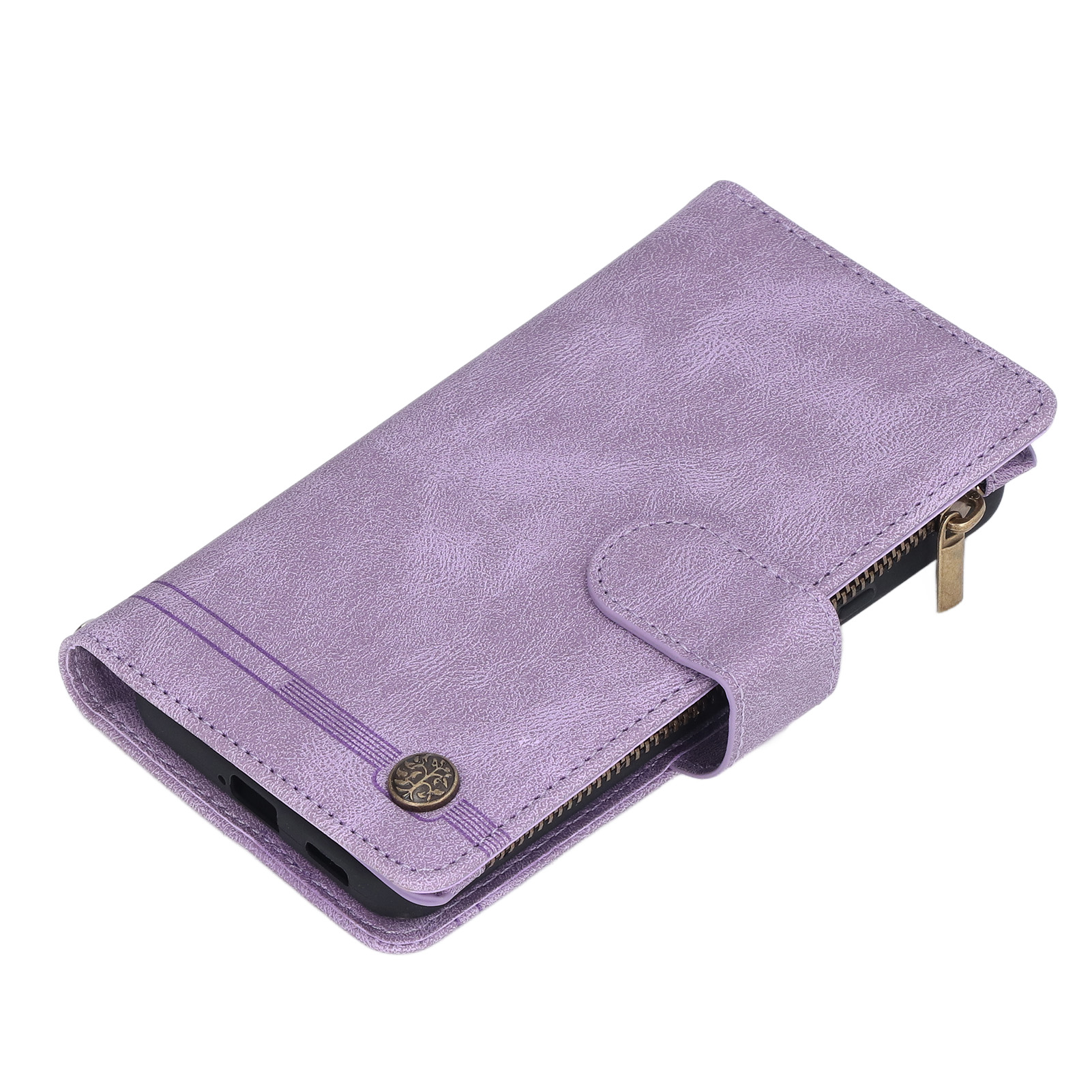 Eine lila Handytasche im Brieftaschenstil mit einem Magnetband und einer Reißverschlusstasche wird auf einer weißen Oberfläche angezeigt.