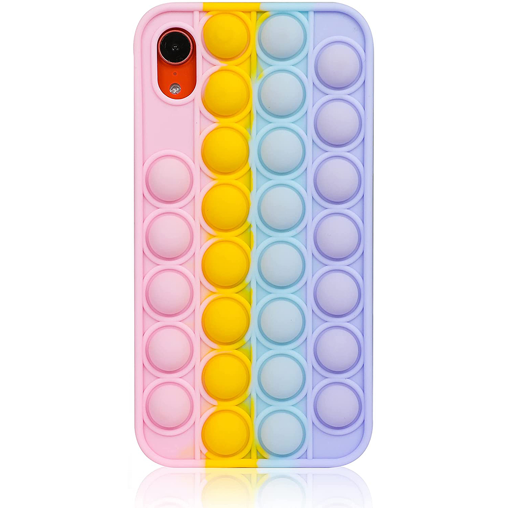 Ein farbenfrohes Pop-It-Handygehäuse mit rosa, gelben und blauen Blasen in vertikalen Reihen, für sensorisches Spielen.