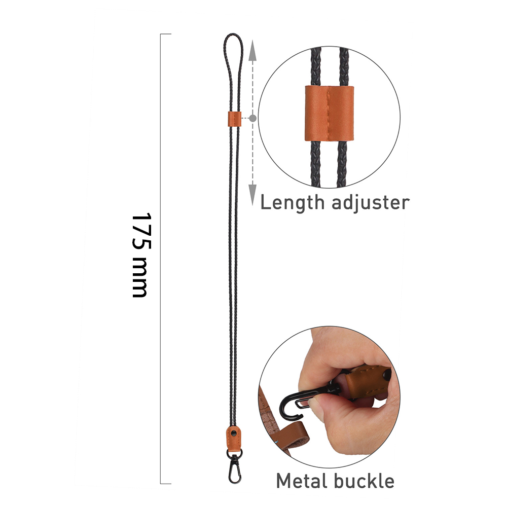 Ein schwarzes geflochtenes Schlüsselband mit Lederakzent, Metallclip und Längenverstellung vor einem weißen Hintergrund.