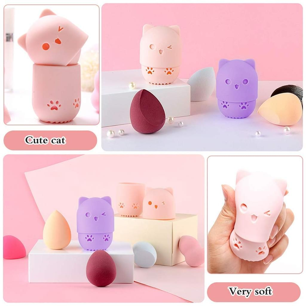 Collage von Make-up-Schwammhaltern, die ihr Design und ihre Weichheit in verschiedenen Umgebungen zeigen.