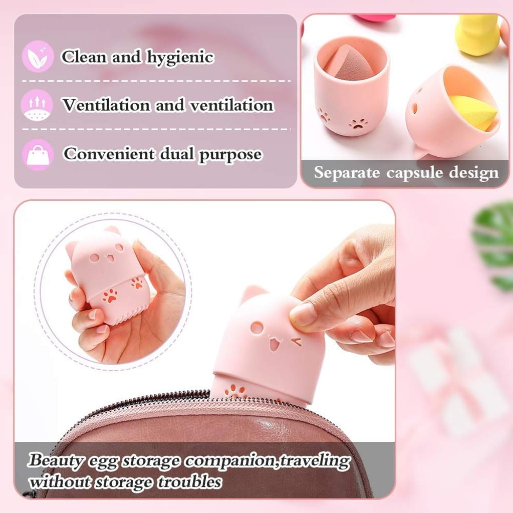 Bilder, die für saubere, hygienische und vielseitige Make-up-Schwammhalter im Katzenstil für Reisen werben.