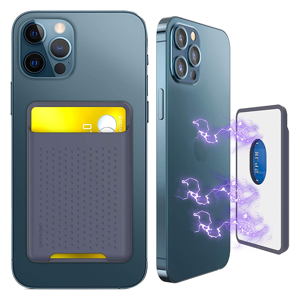 Ein grauer Kartenhalter mit einer Karte wird an einem Telefon mit magnetischer Aufladung auf einem weißen Hintergrund gezeigt.