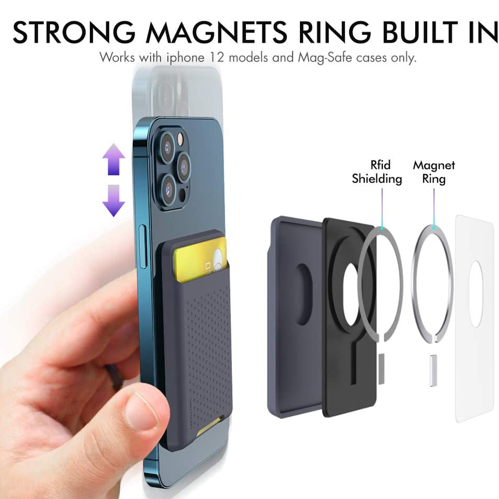 Ein grauer Kartenhalter mit einer Karte wird an einem Telefon mit Magnetring gezeigt.