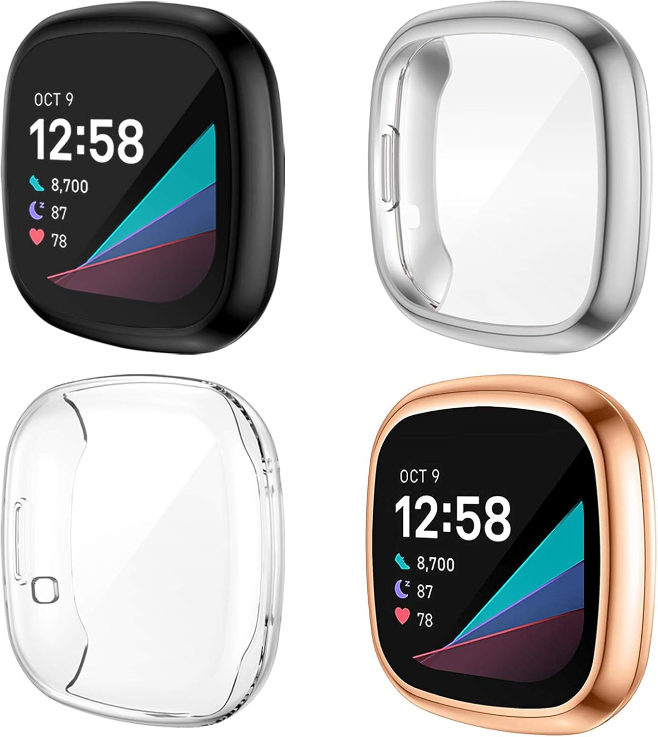 Vier Smartwatch-Hüllen in Schwarz, Silber, Transparent und Roségold, jeweils mit Displayschutzfolie.