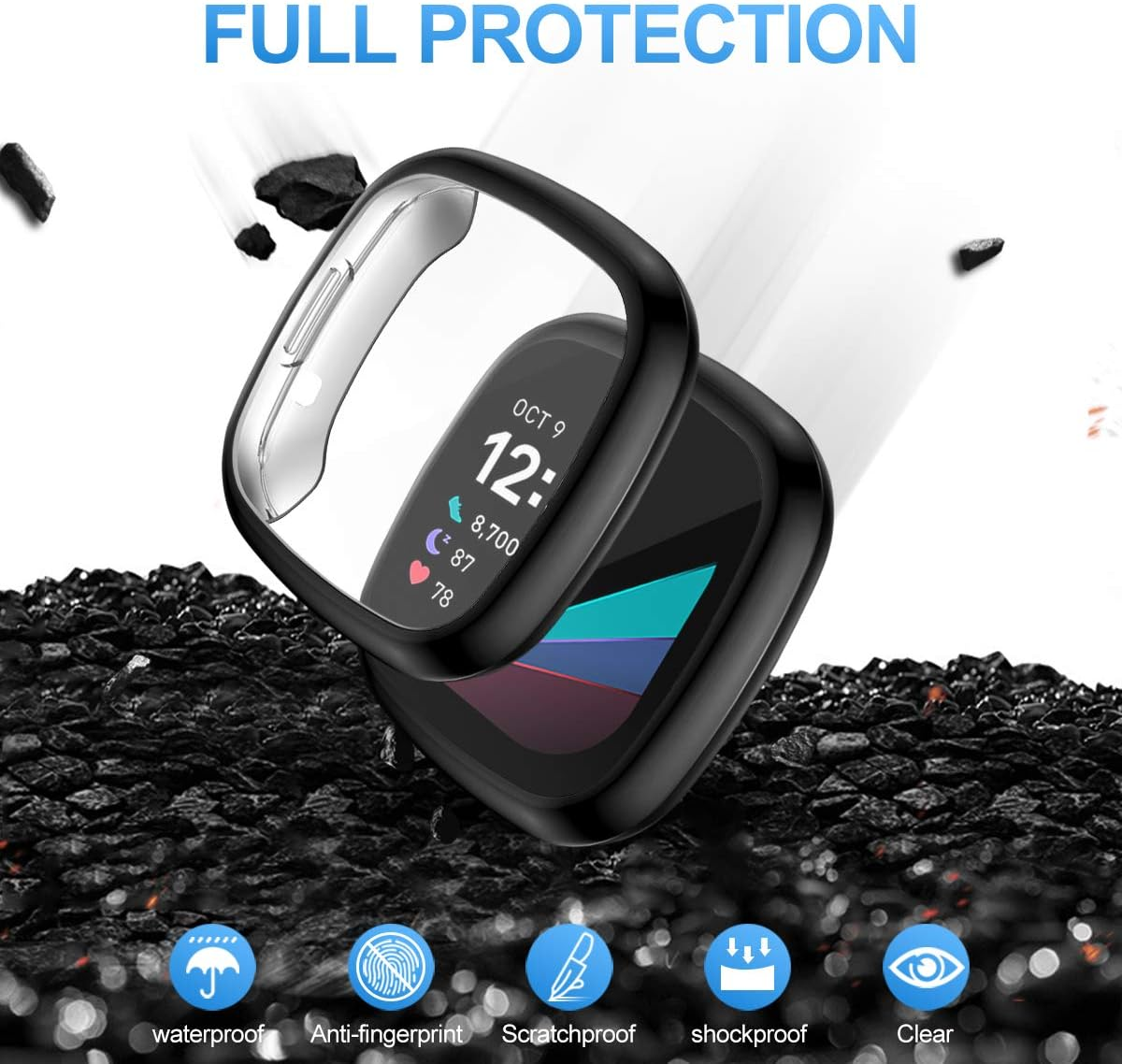 Schwarze Smartwatch mit einer transparenten Schutzhülle vor einem Hintergrund aus verstreuten schwarzen Trümmern.
