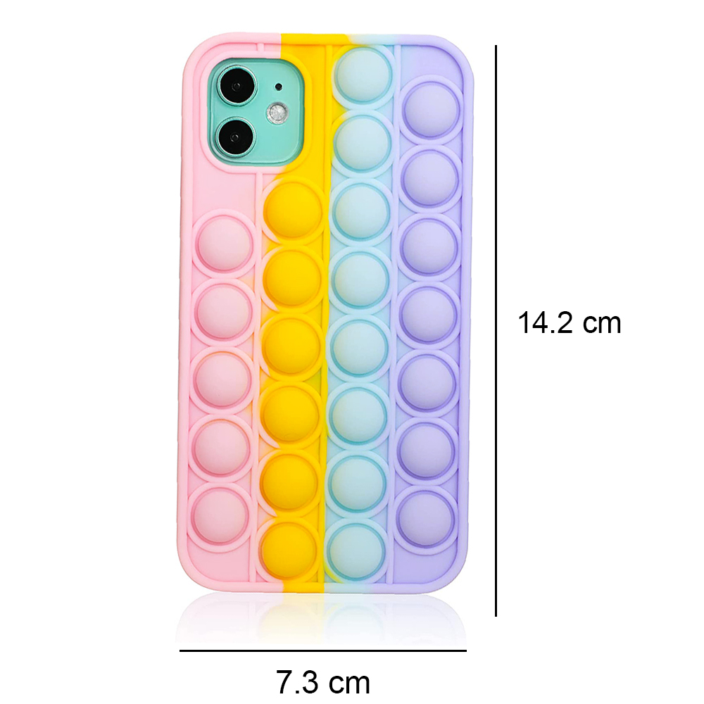Bunte Handyhülle mit Push-Bubbles. Abmessungen gezeigt. Rosa, gelb, hellblau und lila Farbfelder.