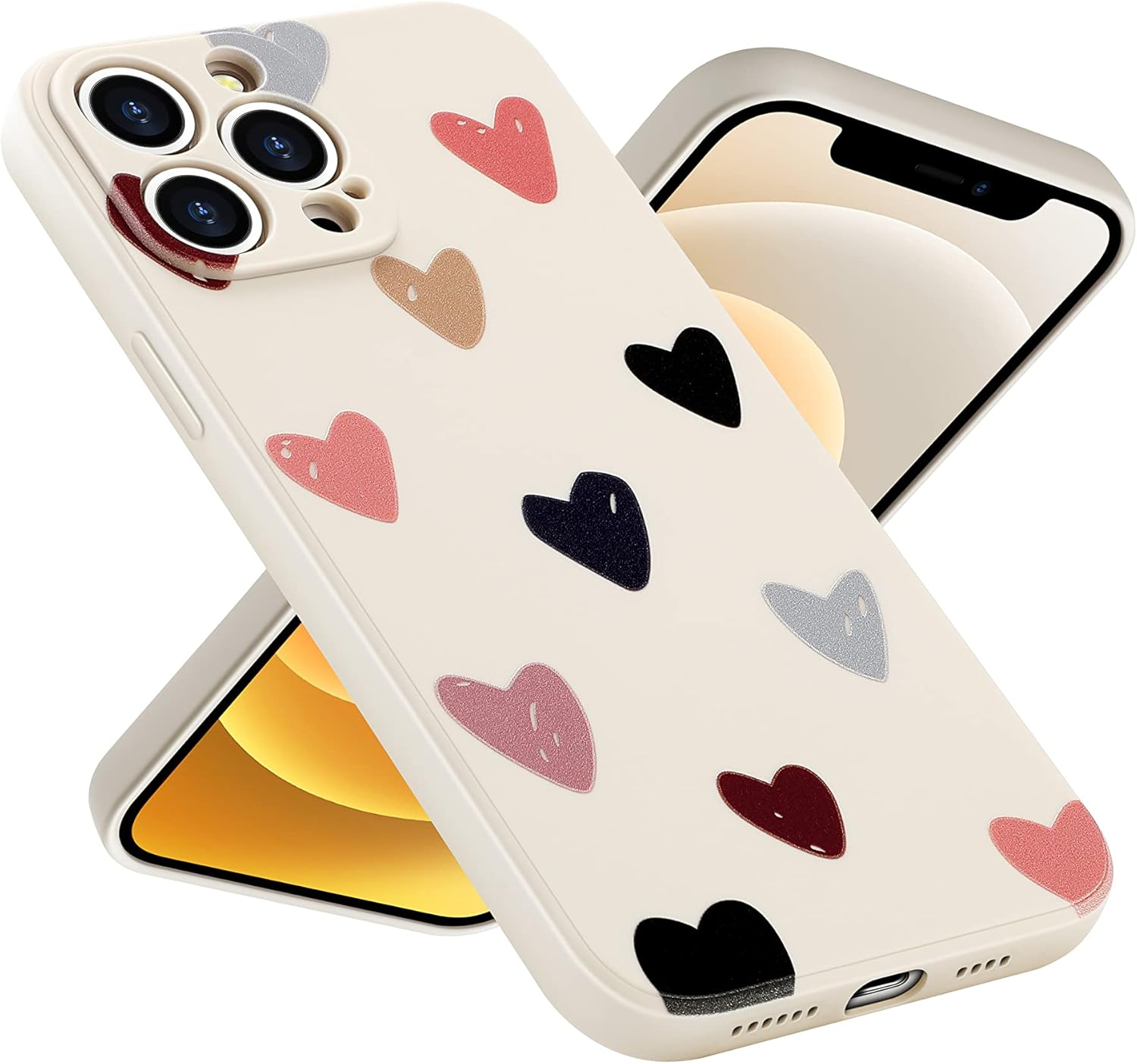 Beige Handyhülle mit bunten Herzen, dargestellt auf zwei Handys in überkreuzter Position.