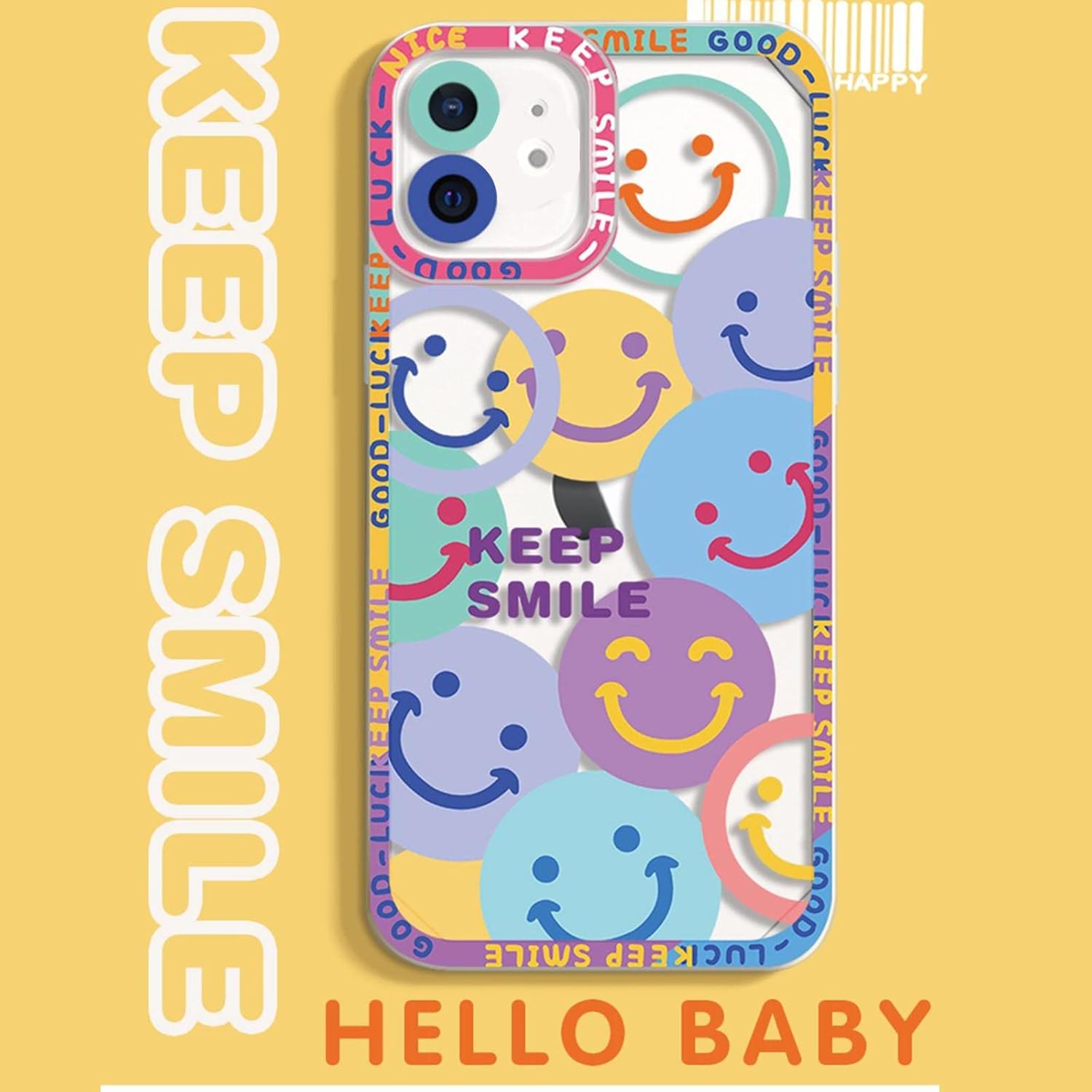 Eine Handyhülle mit Smiley-Gesichtern wird gezeigt. Die Hülle ist durchsichtig mit gelbem Hintergrund.