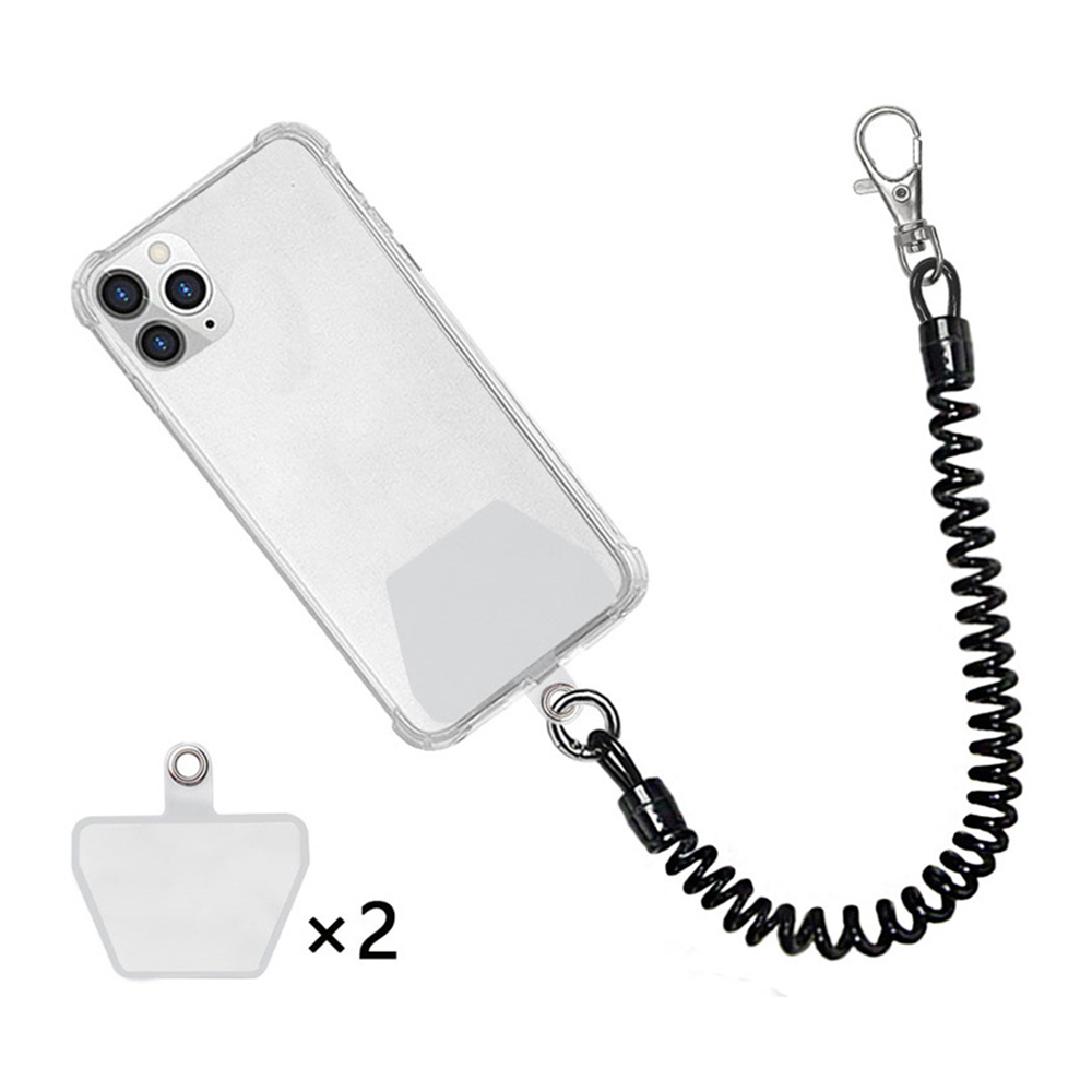 Ein Telefon mit einer transparenten Hülle und einem Lanyard wird gezeigt. Es gibt auch ein weißes Etikett.