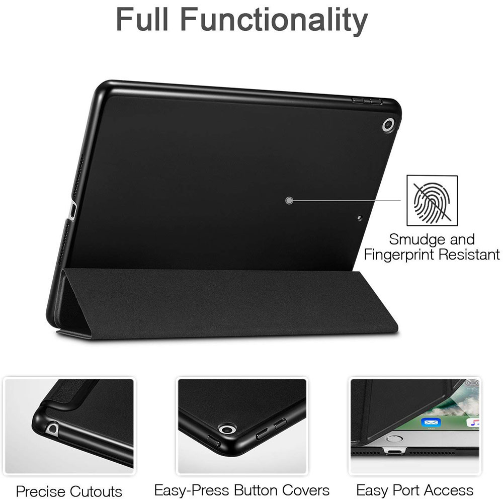 Eine schwarze iPad-Hülle mit voller Funktionalität und Fingerabdruckresistenz wird gezeigt.