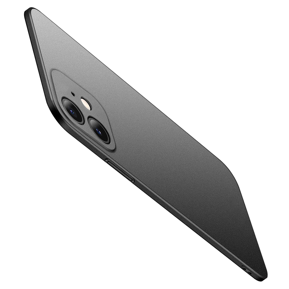 Eine schwarze Handyhülle, die abgewinkelt ist, um die Kamera- und Schaltflächendetails zu zeigen.