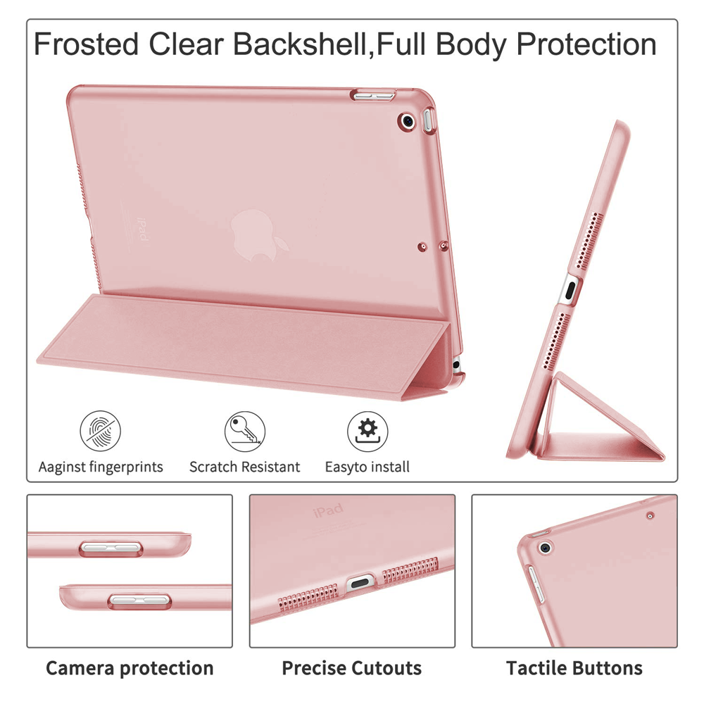 iPad-Hülle mit Eigenschaften. Bild zeigt pinke Hülle mit Symbolen für Fingerabdruck, Kratzer und einfache Installation.
