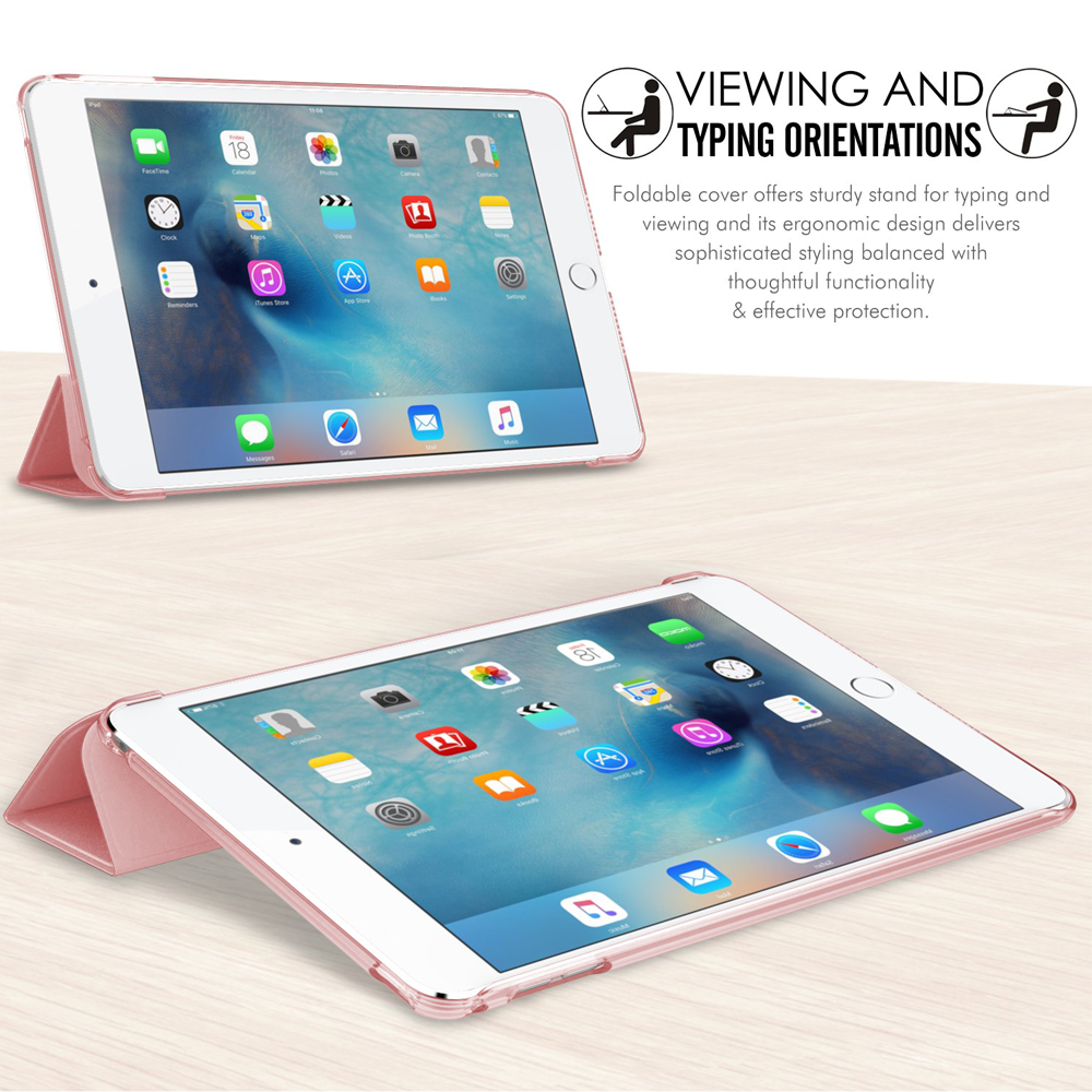 iPad in rosa Hülle, Betrachtungs-/Tippausrichtungen. Die Hülle ermöglicht Tipp- oder Betrachtungsausrichtungen.