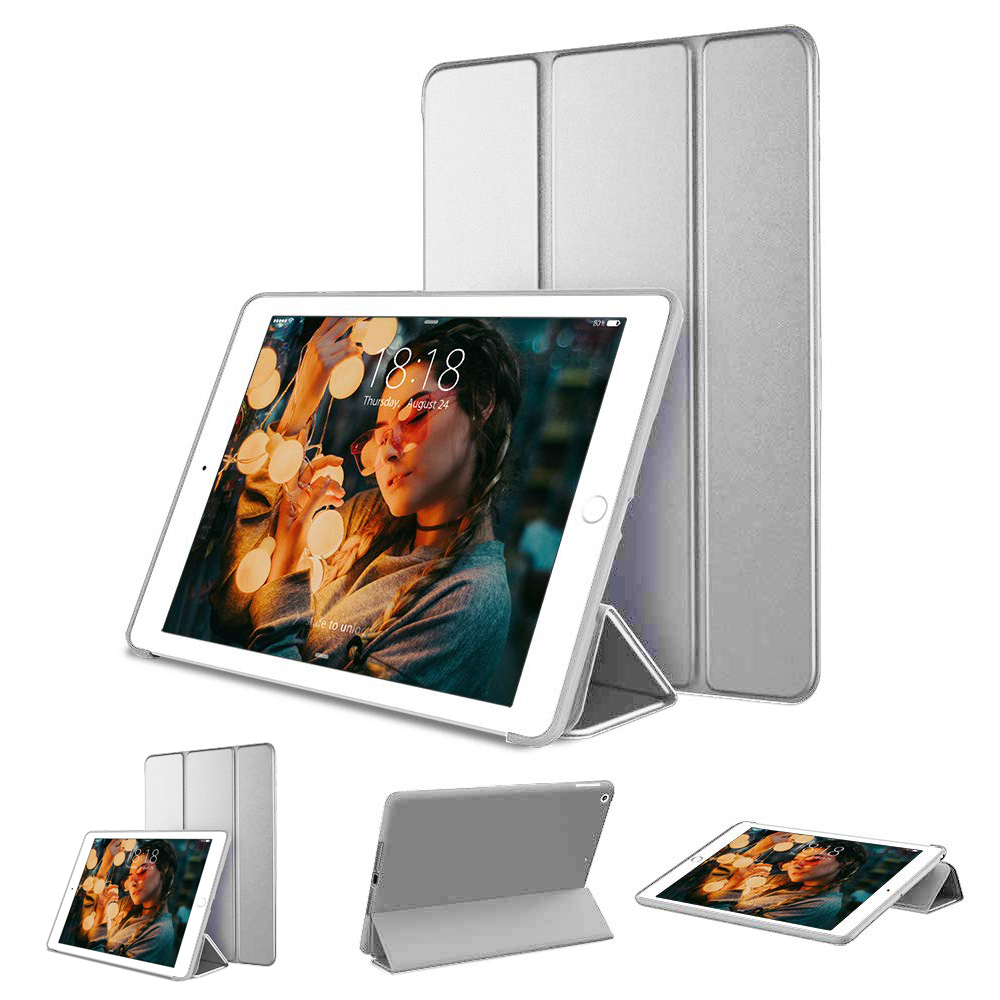 Mehrere Bilder zeigen ein silbernes Tablet mit einer Hülle, auf dem eine Frau auf dem Bildschirm zu sehen ist.