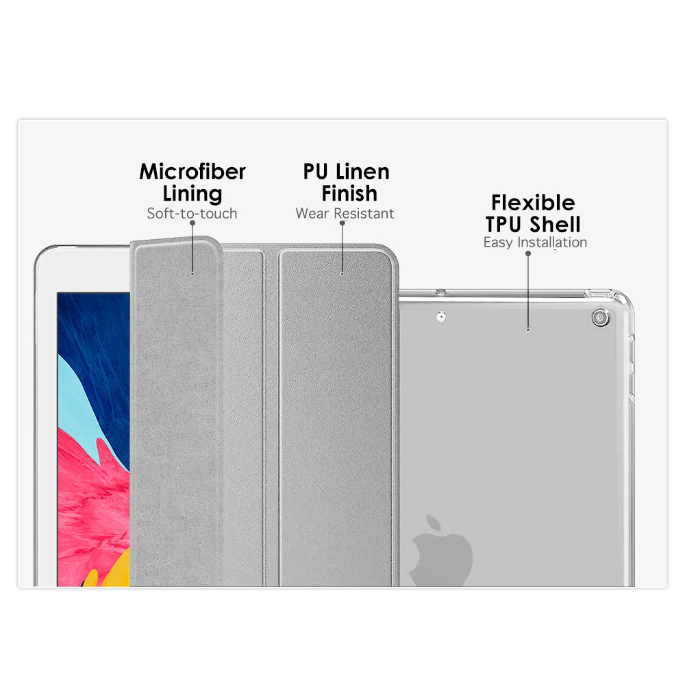 Ein graues Tablet zeigt Mikrofaserfutter, PU-Leinenfinish und flexible TPU-Schale.