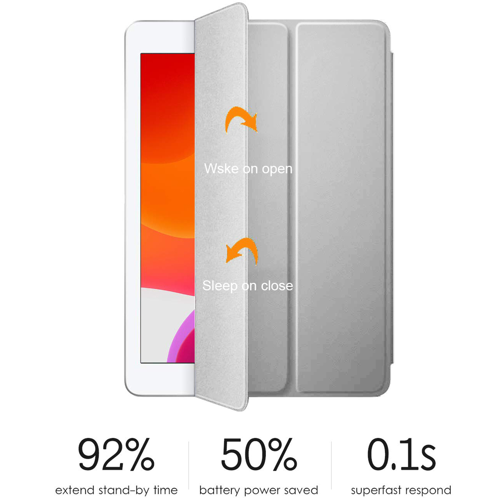 Eine silberne Tablet-Hülle zeigt Funktionen zum Aufwachen beim Öffnen und zum Schlafen beim Schließen mit Prozentangaben.