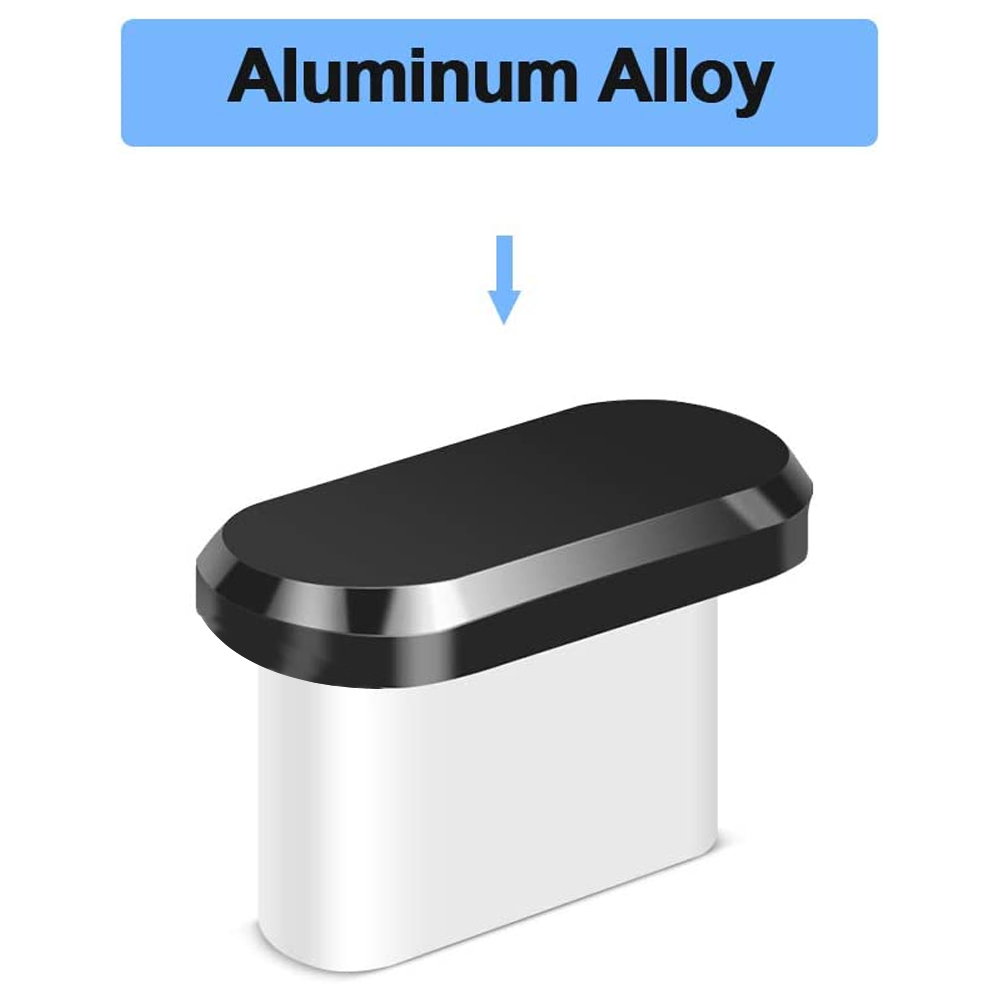 Ein schwarzer und weißer USB-C-Staubschutzstecker auf weißem Hintergrund, beschriftet mit „Aluminiumlegierung“.