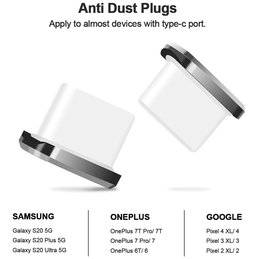 Zwei weiße und graue USB-C-Staubschutzstecker werden vor einem weißen Hintergrund mit Text über Anti-Staub-Stecker angezeigt.